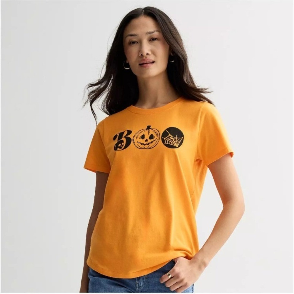 Mighty Fine Womens Halloween Boo Graphic Tee Orange Short Sleeve Small